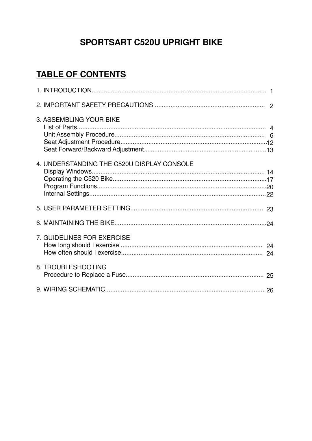 Mio manual Sportsart C520U Upright Bike Table of Contents 