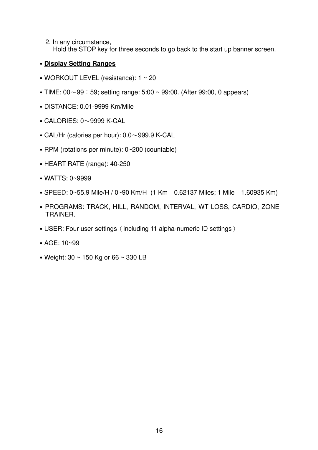 Mio C520U manual ˙Display Setting Ranges, ˙CALORIES 0～9999 K-CAL 