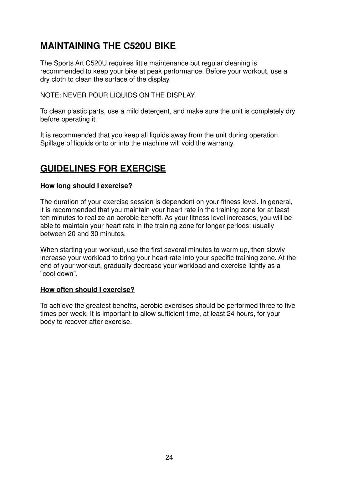 Mio manual Maintaining the C520U Bike, Guidelines for Exercise 