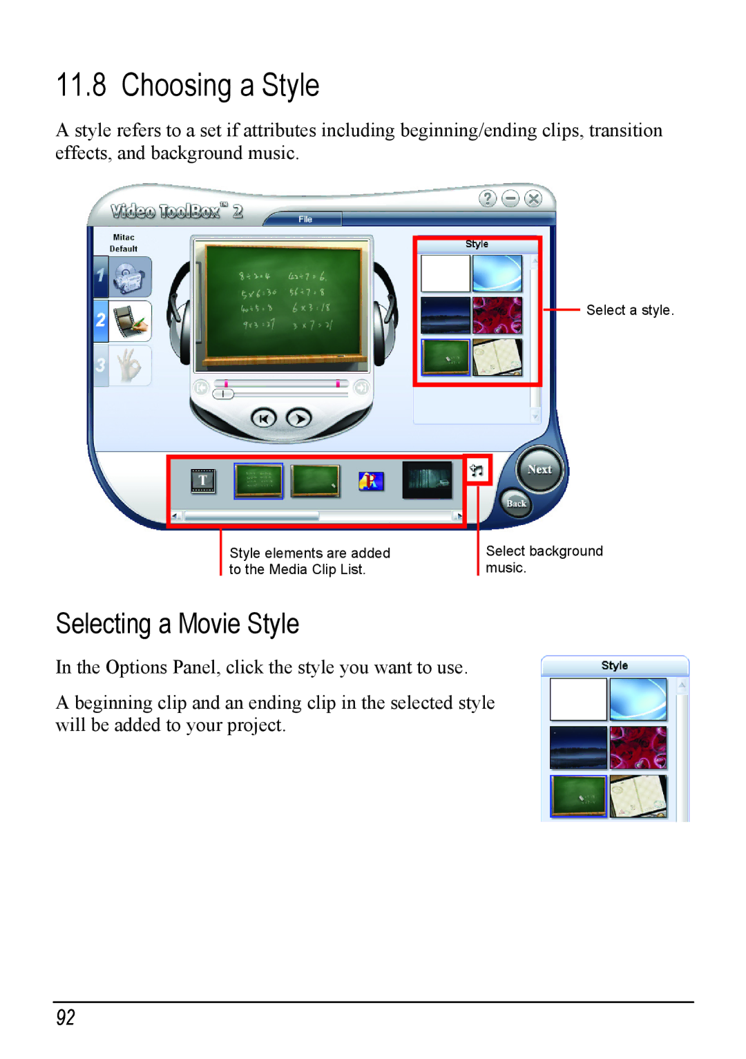 Mio H610 user manual Choosing a Style, Selecting a Movie Style 