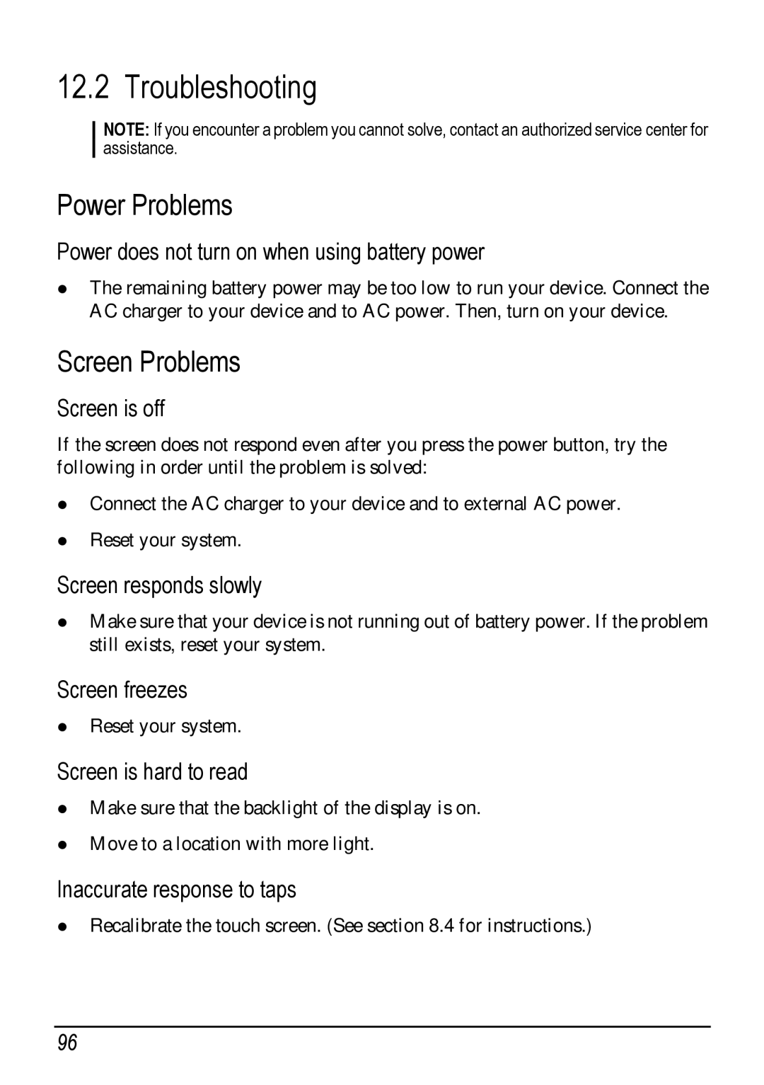 Mio H610 user manual Troubleshooting, Power Problems, Screen Problems 