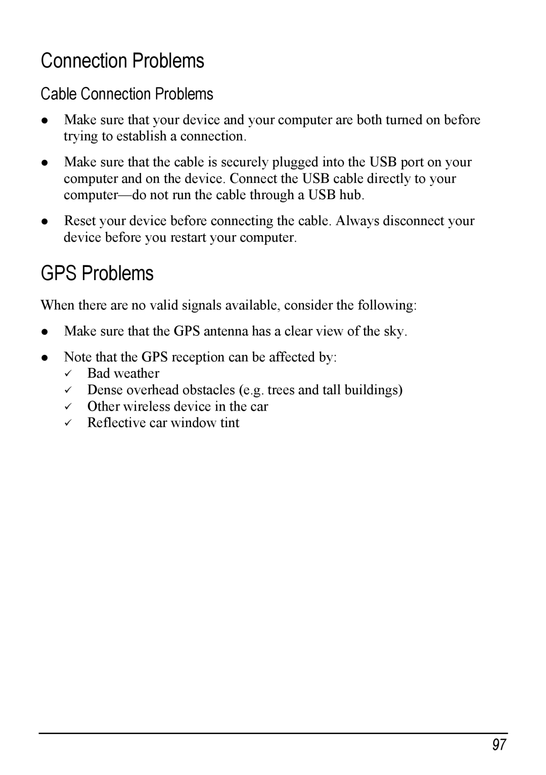 Mio H610 user manual Connection Problems, GPS Problems 