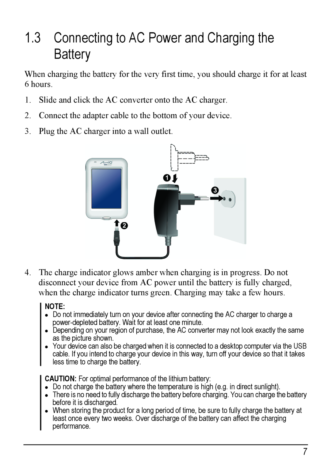 Mio H610 user manual Connecting to AC Power and Charging the Battery 