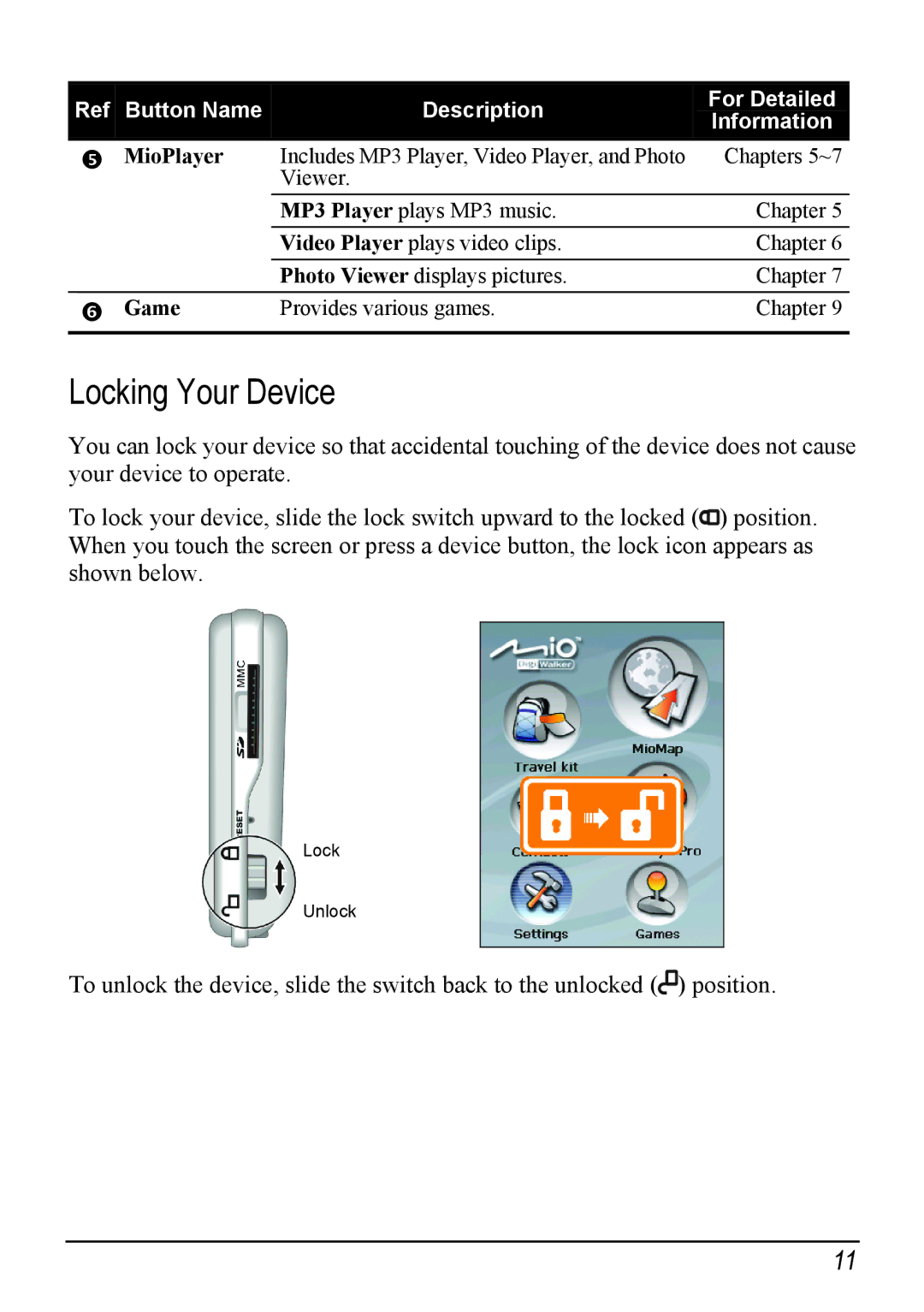 Mio H610 user manual Locking Your Device, MioPlayer 