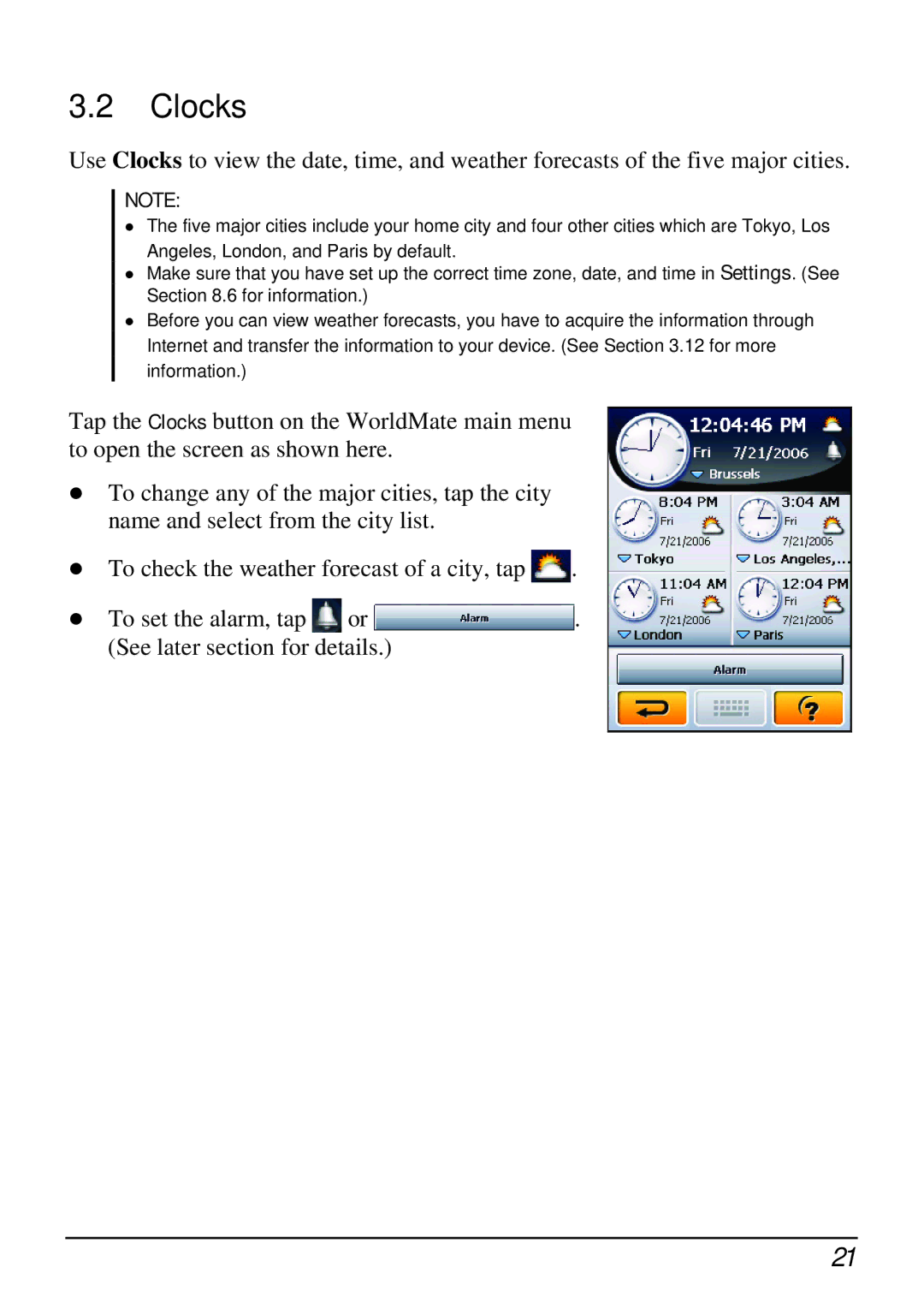 Mio H610 user manual Clocks 