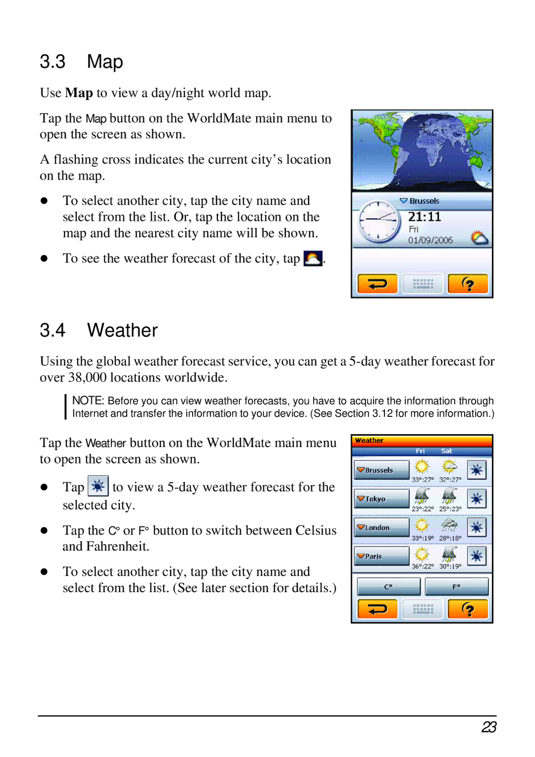 Mio H610 user manual Map, Weather 