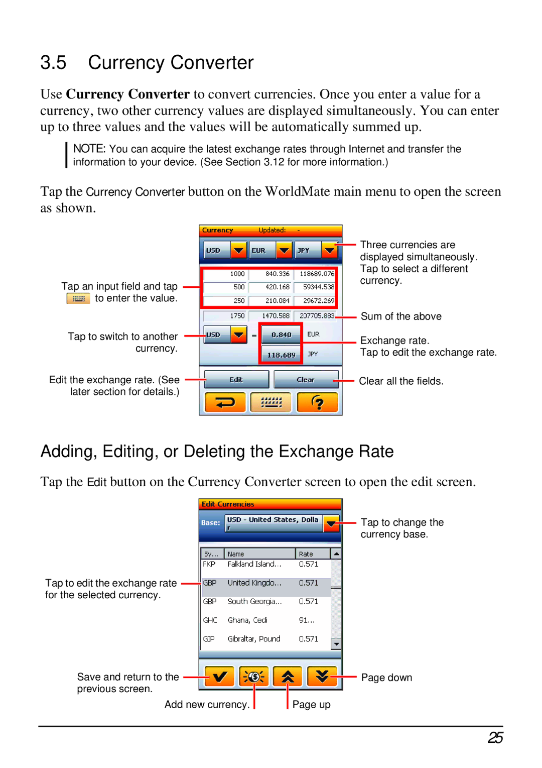 Mio H610 user manual Currency Converter, Adding, Editing, or Deleting the Exchange Rate 