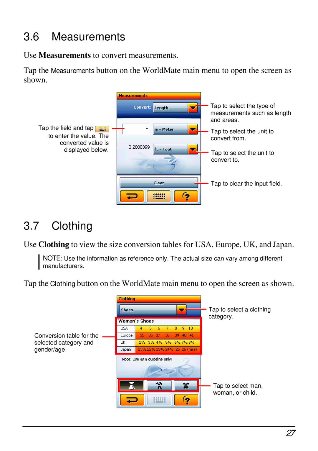 Mio H610 user manual Measurements, Clothing 