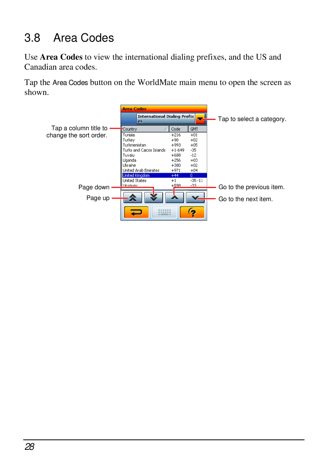 Mio H610 user manual Area Codes 