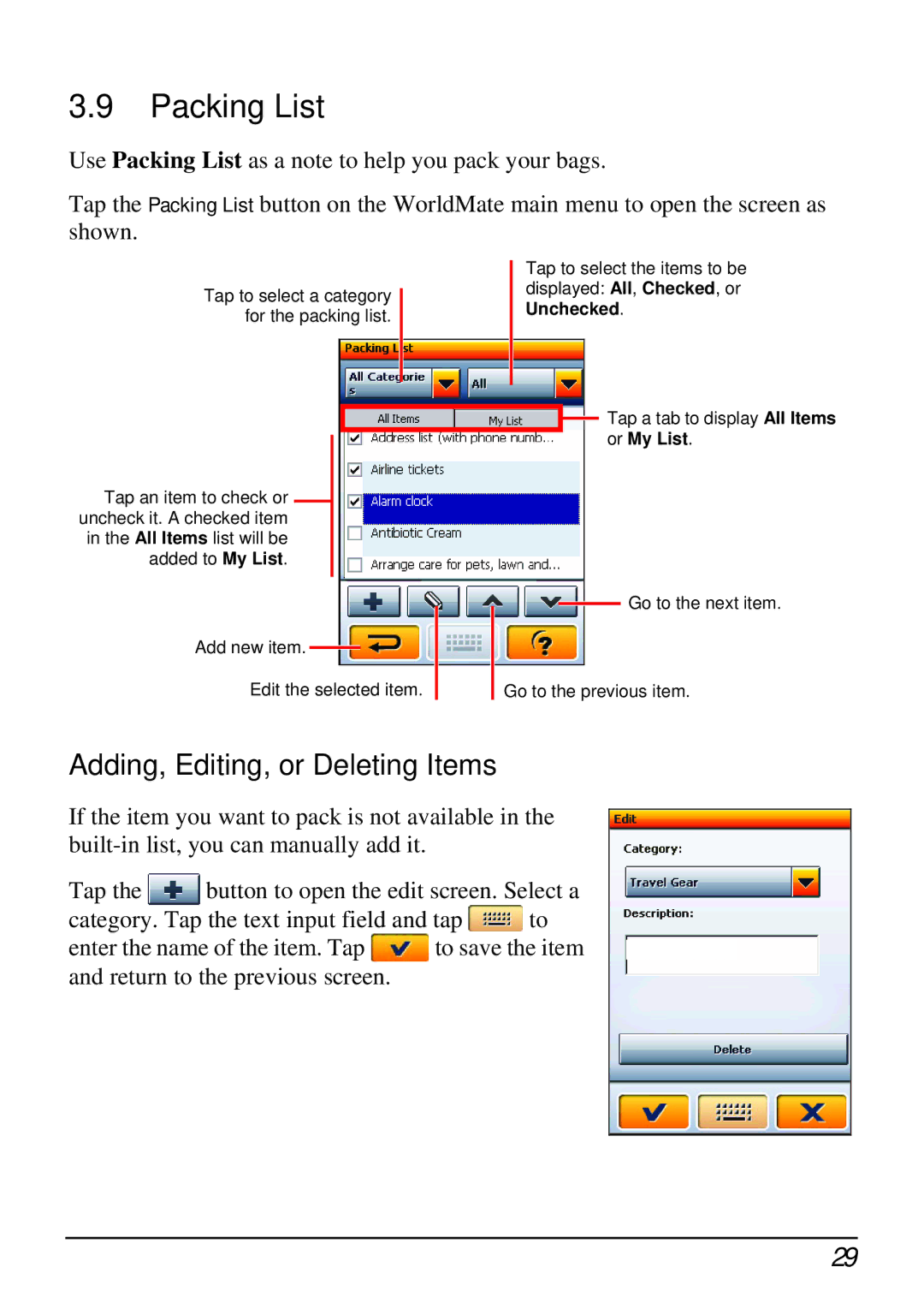 Mio H610 user manual Packing List, Adding, Editing, or Deleting Items 