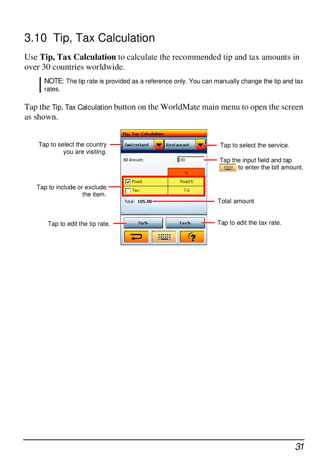 Mio H610 user manual 10 Tip, Tax Calculation 