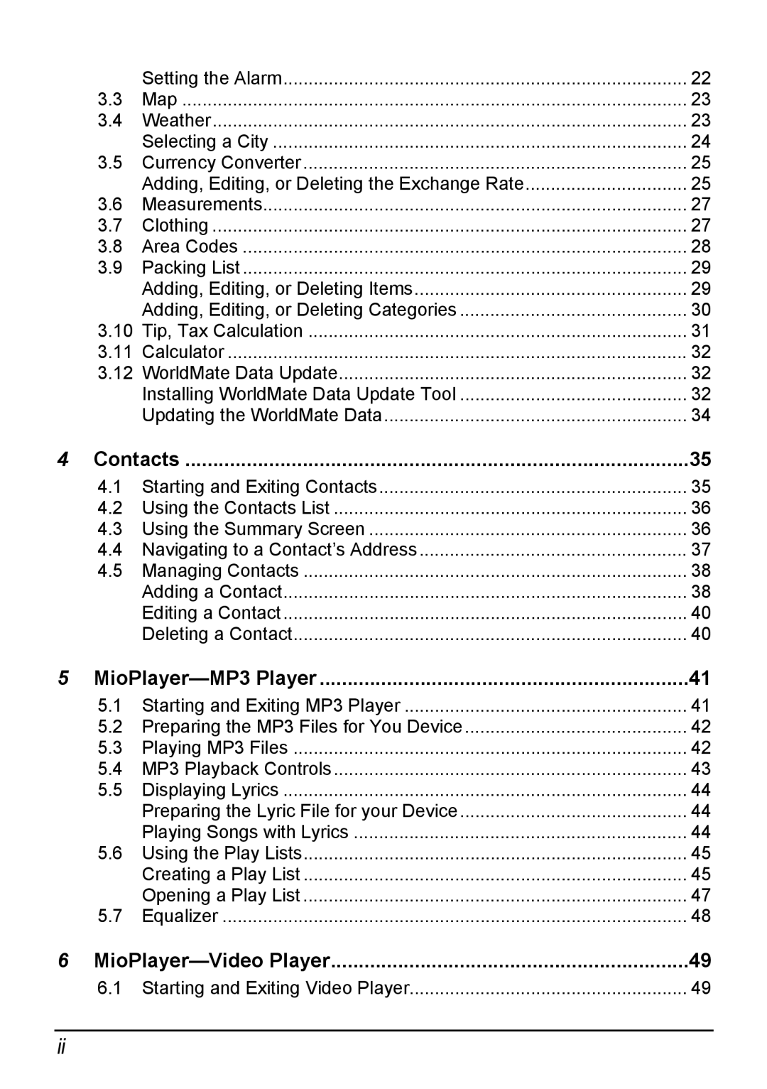 Mio H610 user manual Contacts 