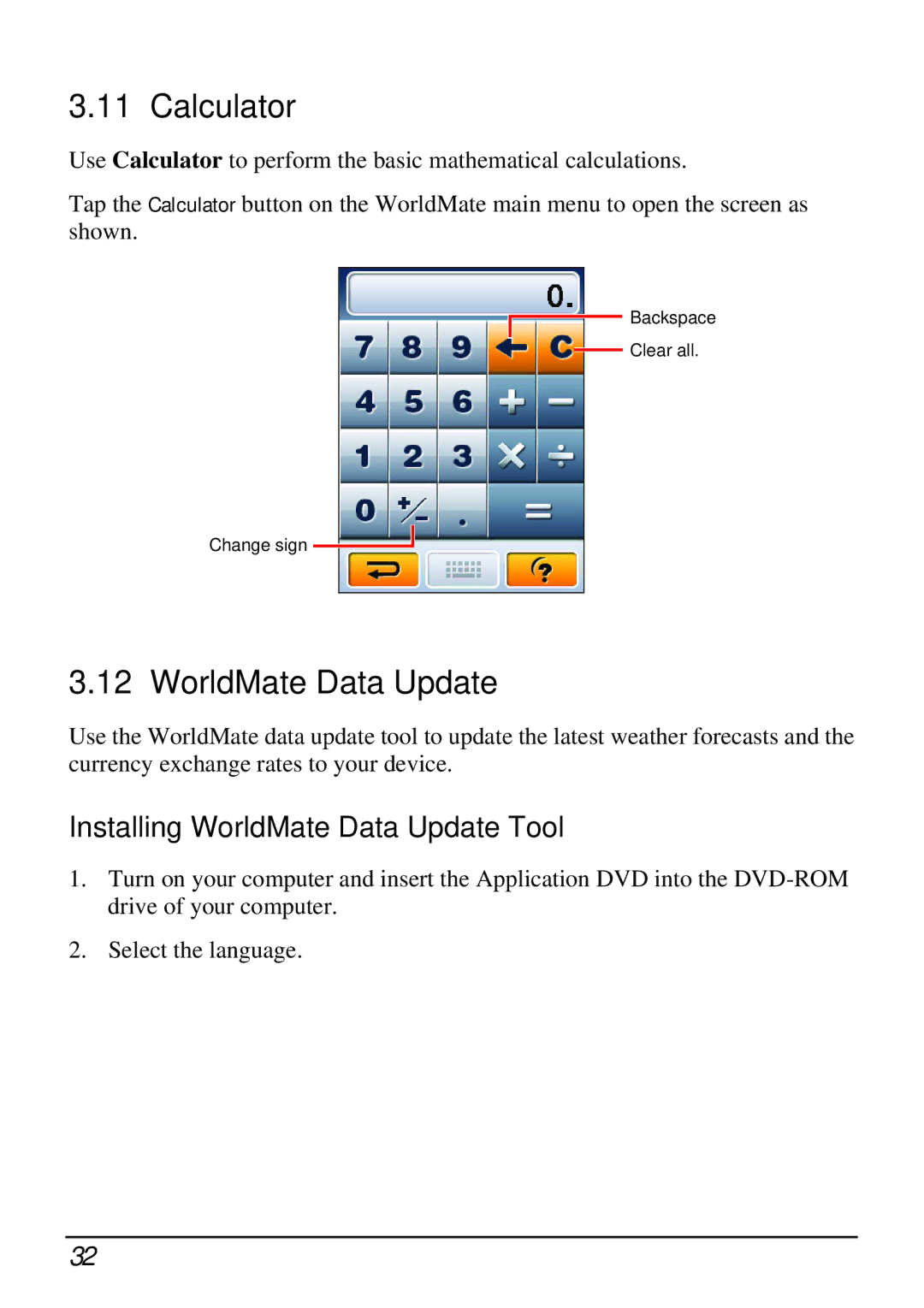 Mio H610 user manual Calculator, Installing WorldMate Data Update Tool 