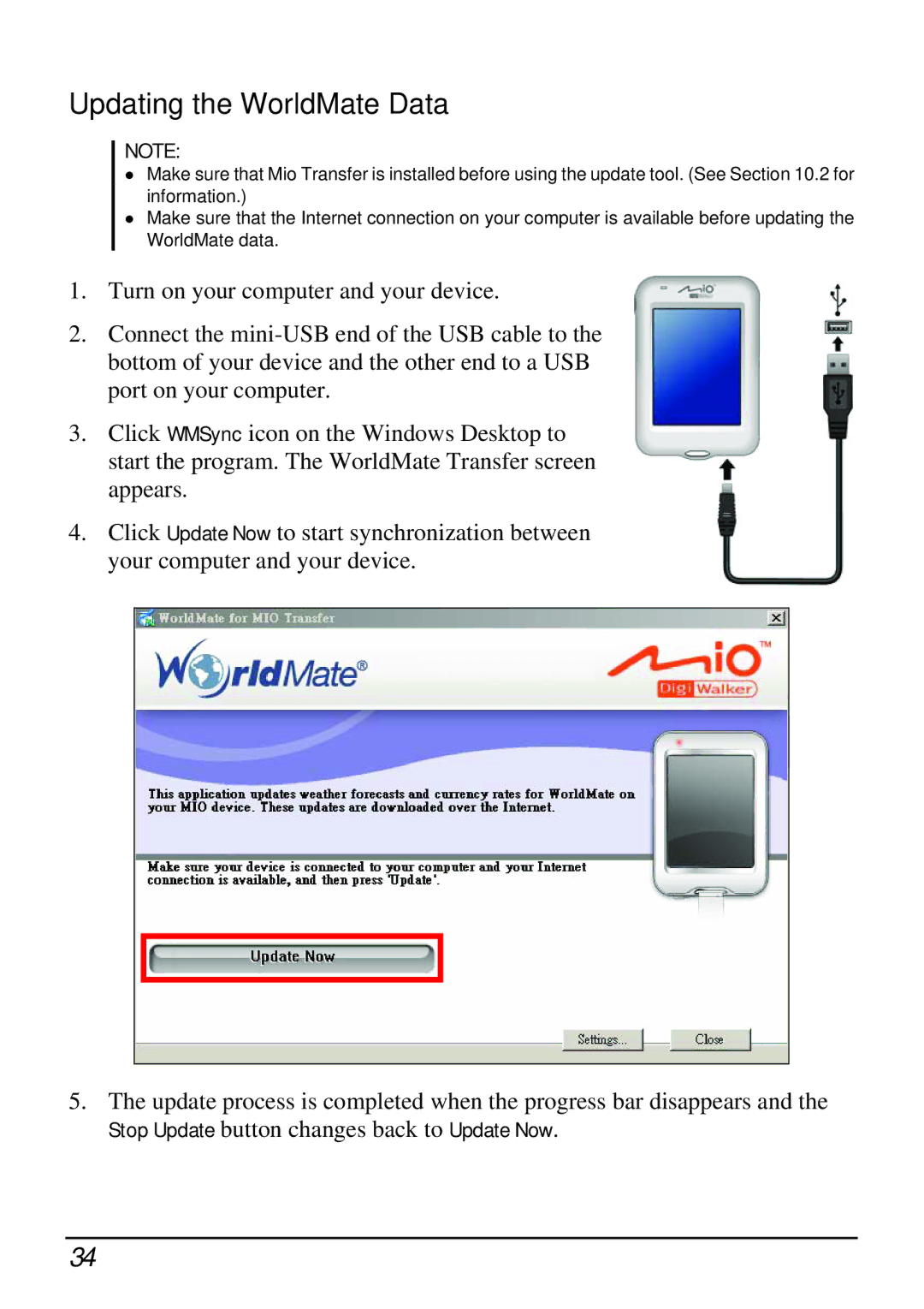 Mio H610 user manual Updating the WorldMate Data 