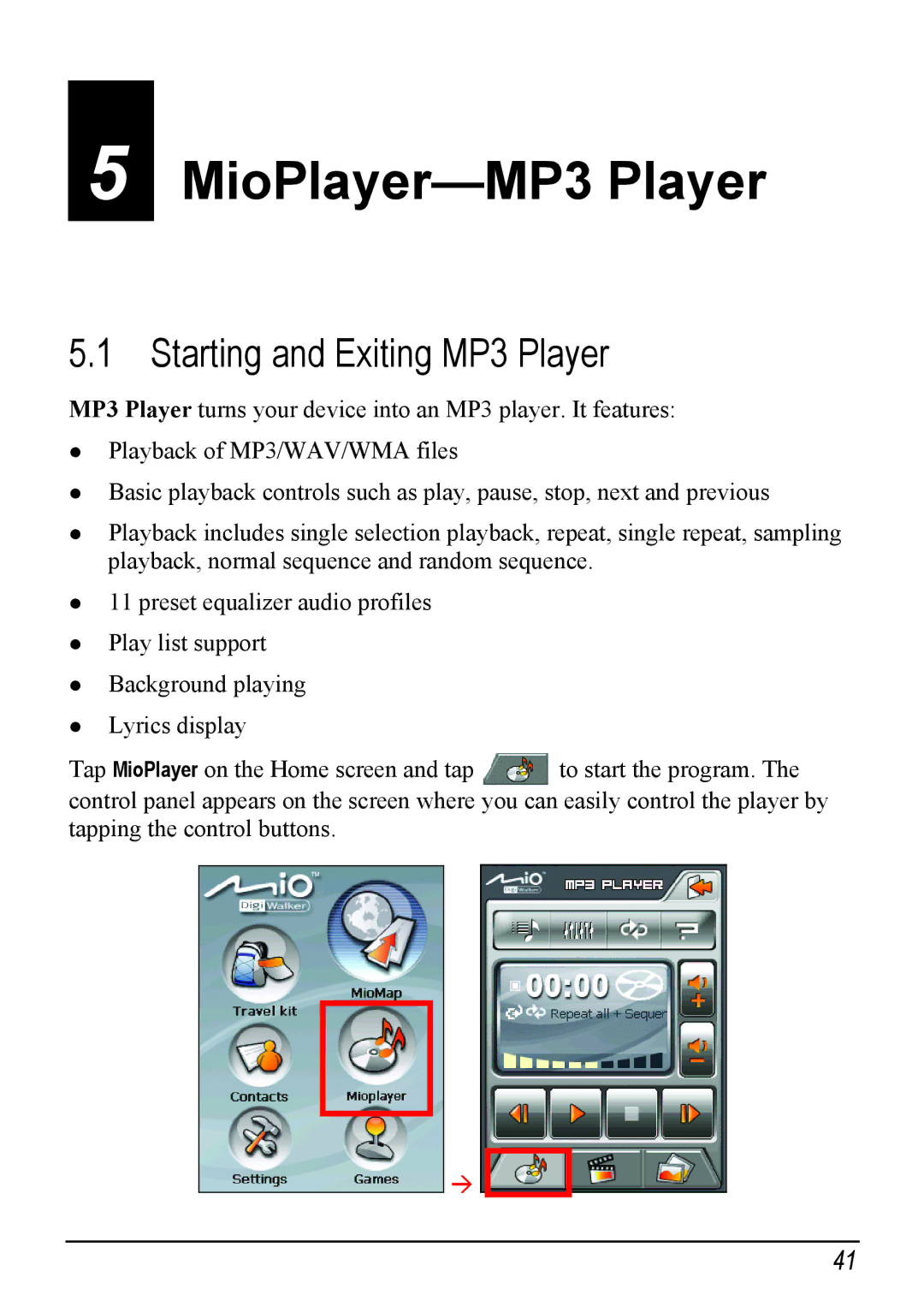 Mio H610 user manual MioPlayer-MP3 Player, Starting and Exiting MP3 Player 