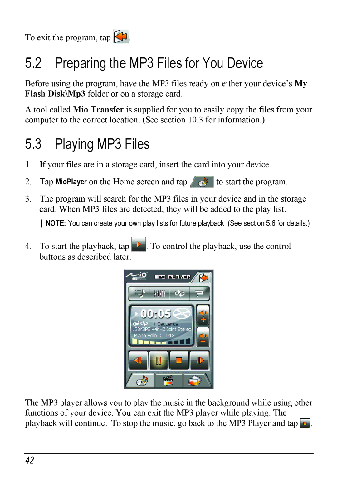 Mio H610 user manual Preparing the MP3 Files for You Device, Playing MP3 Files 