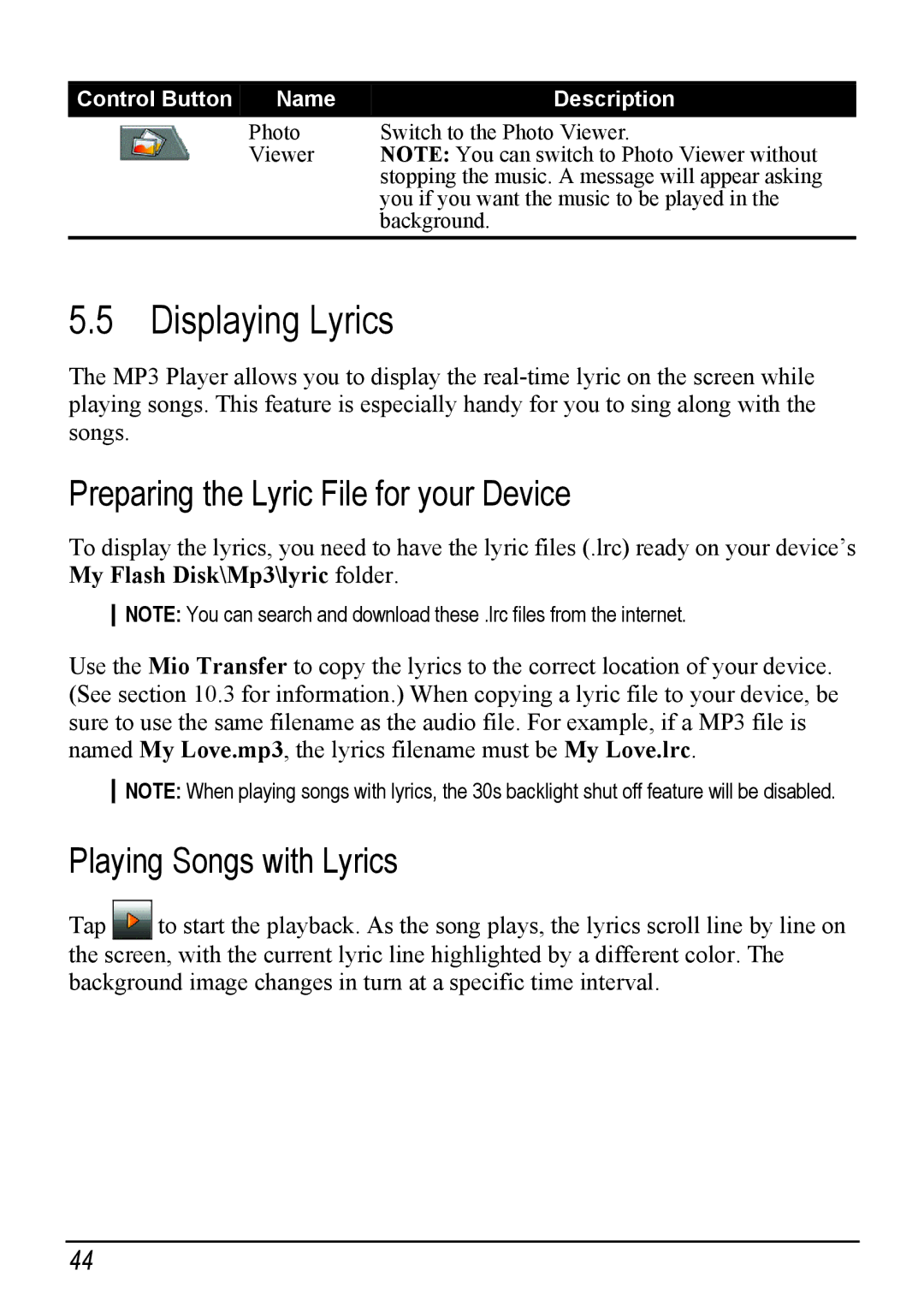 Mio H610 user manual Displaying Lyrics, Preparing the Lyric File for your Device, Playing Songs with Lyrics 