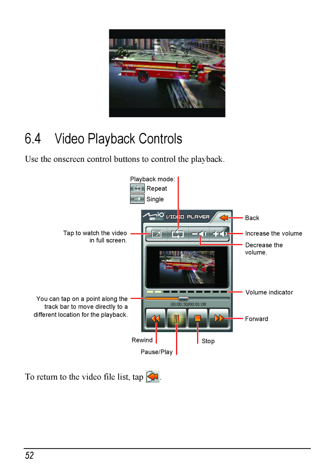 Mio H610 user manual Video Playback Controls, Use the onscreen control buttons to control the playback 