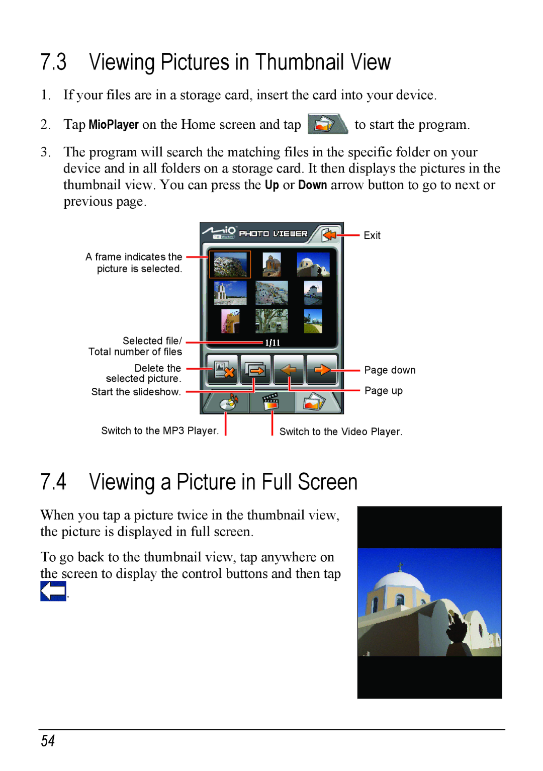 Mio H610 user manual Viewing Pictures in Thumbnail View, Viewing a Picture in Full Screen 