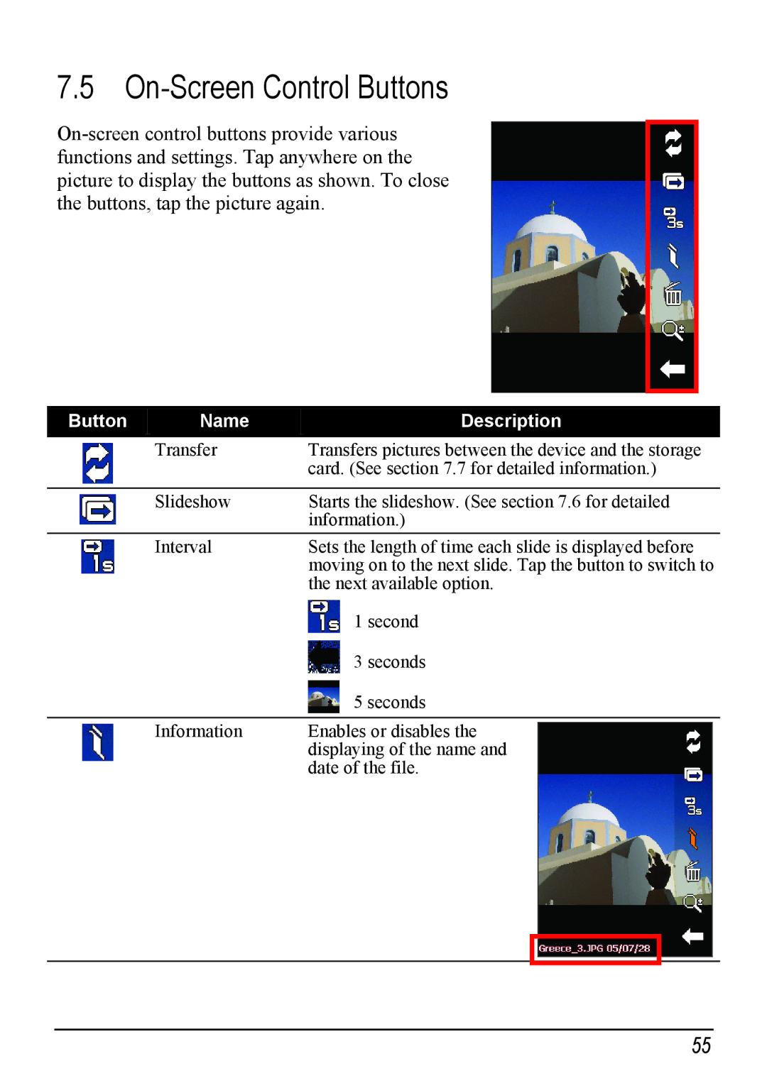 Mio H610 user manual On-Screen Control Buttons, Button Name Description 