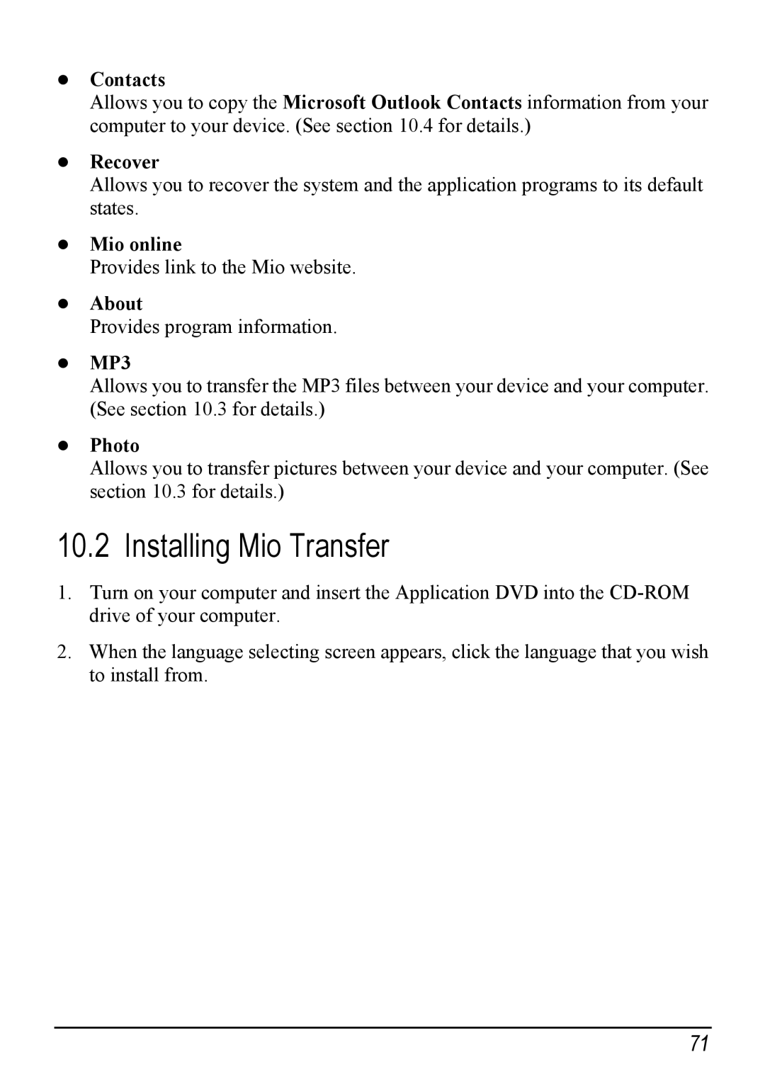 Mio H610 user manual Installing Mio Transfer, Contacts 