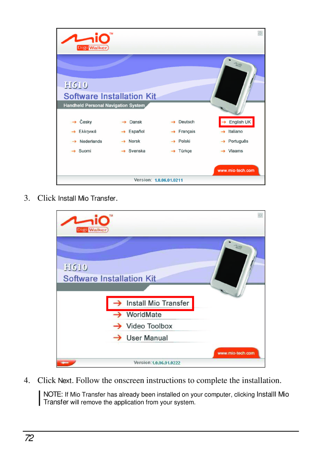 Mio H610 user manual Click Install Mio Transfer 