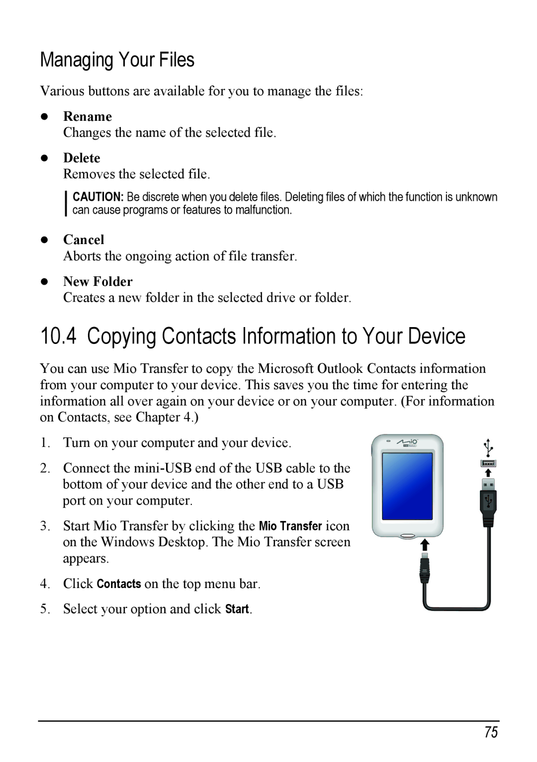 Mio H610 user manual Copying Contacts Information to Your Device, Managing Your Files 