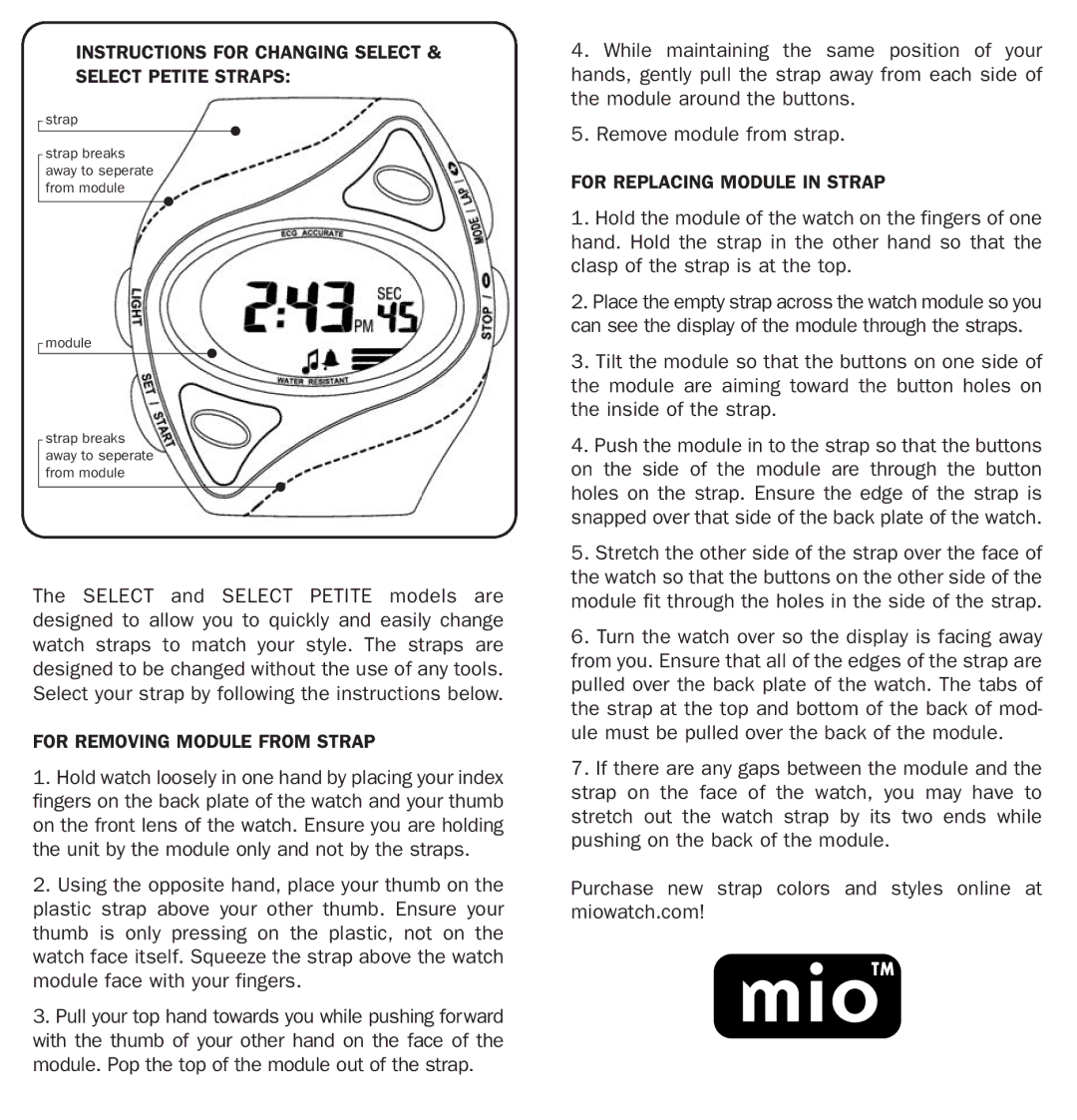 Mio manual Instructions for Changing Select & Select Petite Straps, For Removing Module from Strap 