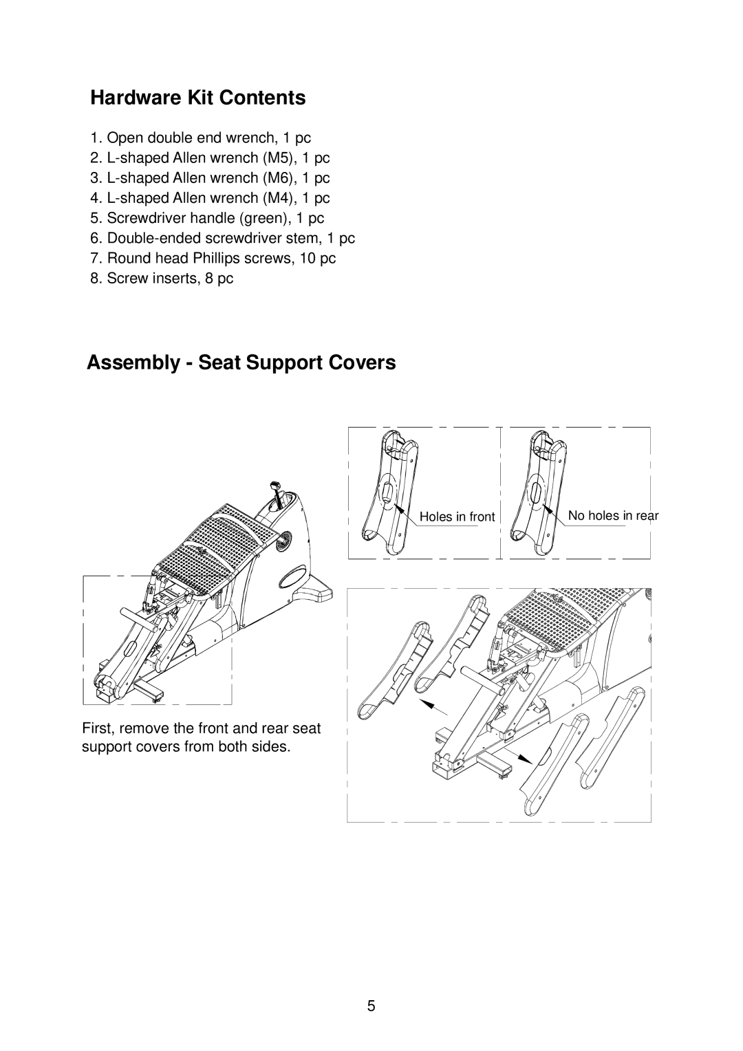 Mio SportsArt C520R specifications Hardware Kit Contents, Assembly Seat Support Covers 