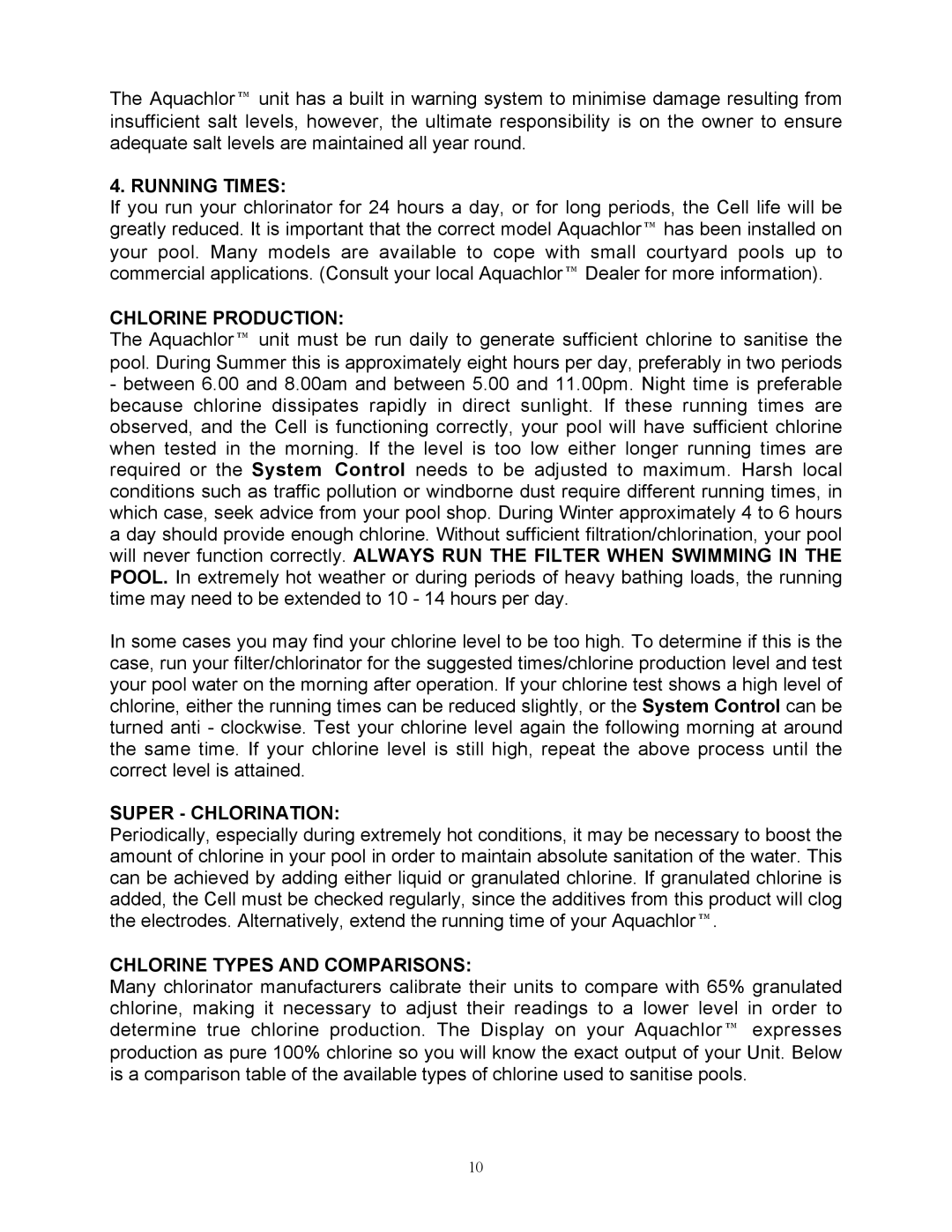 Mio STANDARD owner manual Running Times, Chlorine Production, Super Chlorination, Chlorine Types and Comparisons 