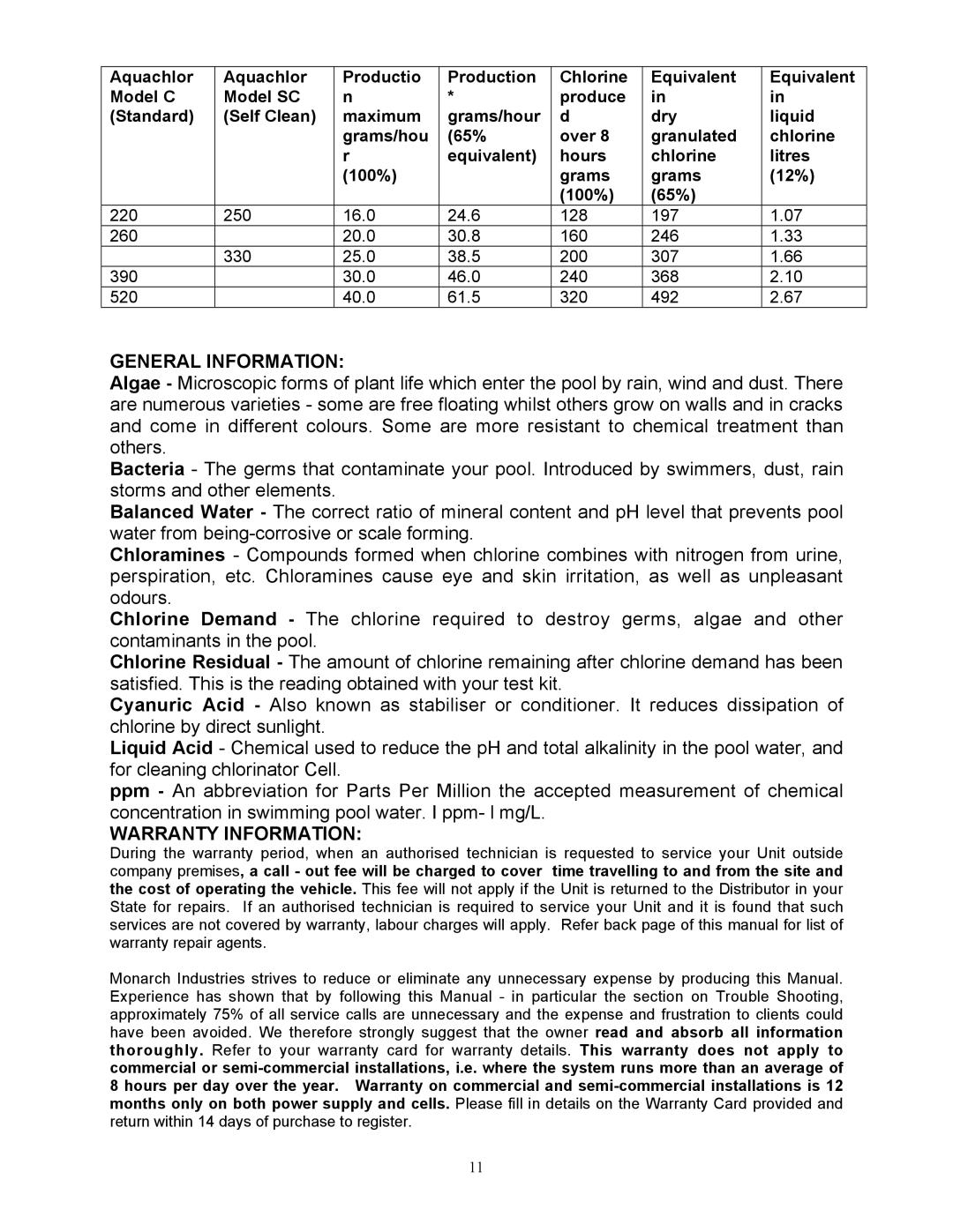 Mio SELF CLEAN C SERIES II, STANDARD owner manual General Information, Warranty Information 