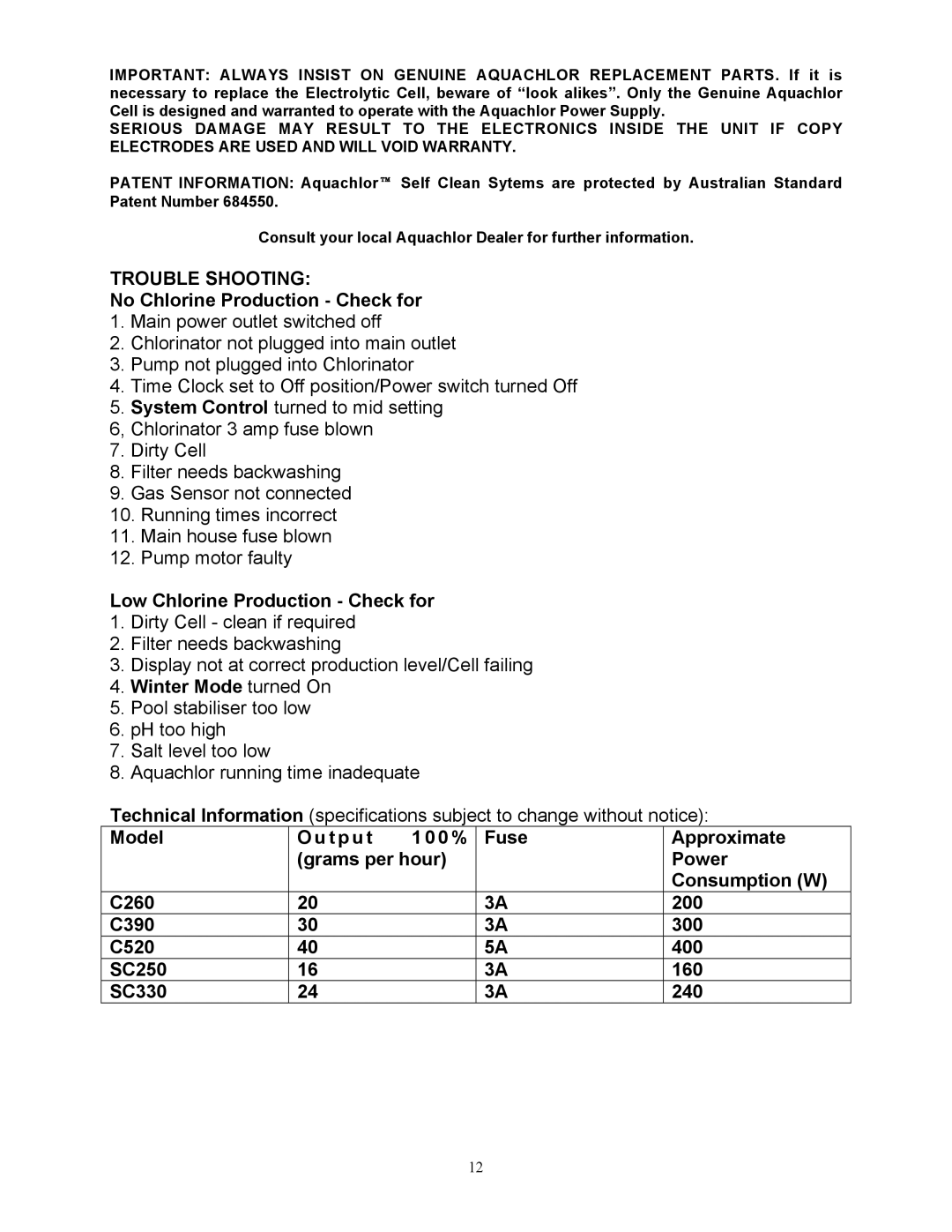 Mio STANDARD, SELF CLEAN C SERIES II owner manual Trouble Shooting, No Chlorine Production Check for 