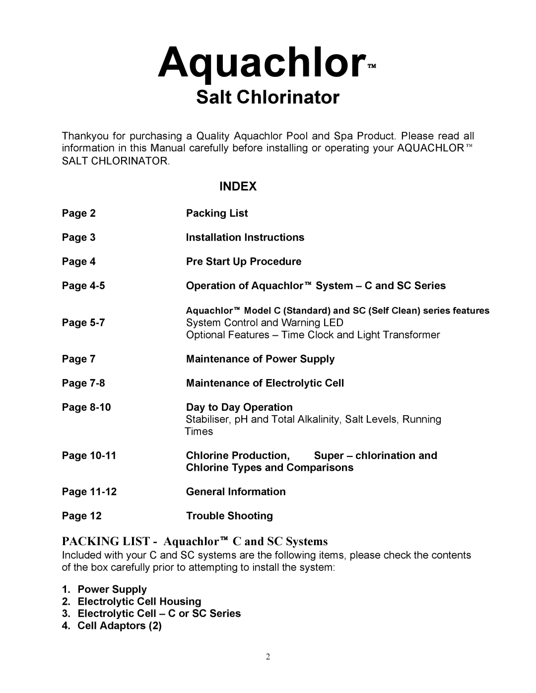 Mio STANDARD, SELF CLEAN C SERIES II owner manual Aquachlor 