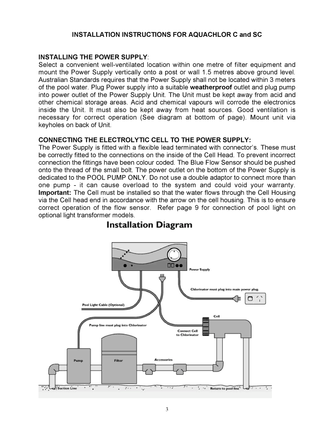 Mio SELF CLEAN C SERIES II, STANDARD Installing the Power Supply, Connecting the Electrolytic Cell to the Power Supply 