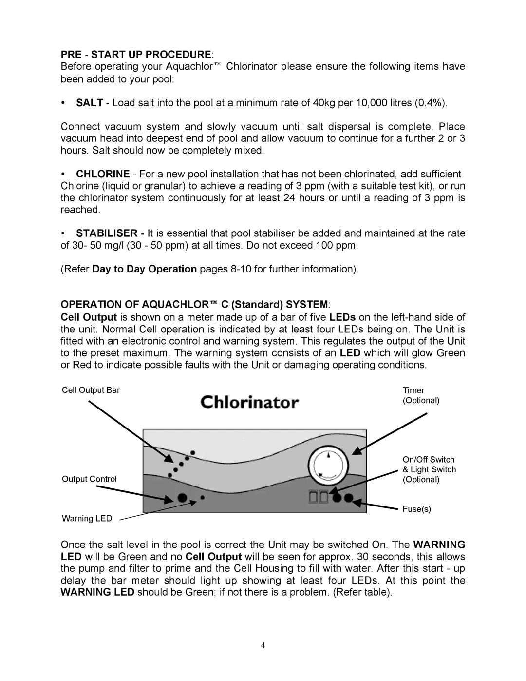 Mio STANDARD, SELF CLEAN C SERIES II owner manual PRE Start UP Procedure, Operation of AQUACHLOR C Standard System 