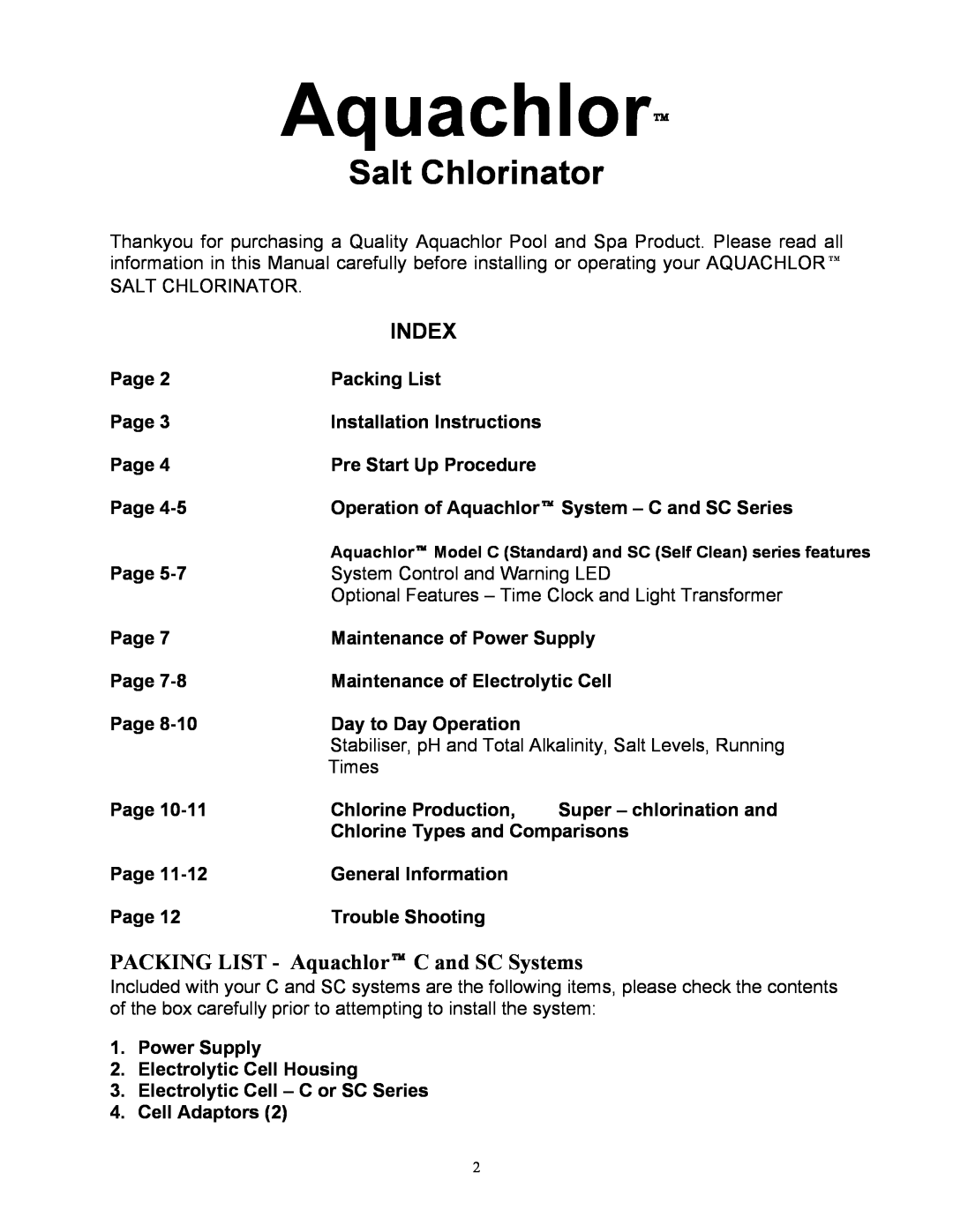 Mio STANDARD Salt Chlorinator, Index, Page, Packing List, Installation Instructions, Pre Start Up Procedure, Times 