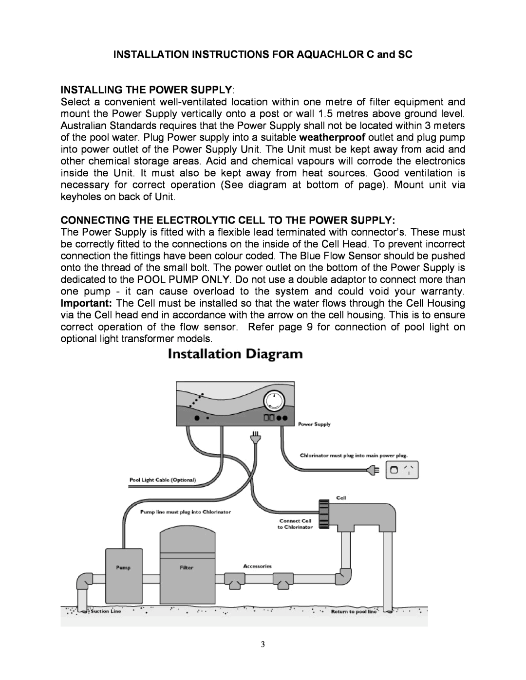 Mio SELF CLEAN C SERIES II, STANDARD INSTALLATION INSTRUCTIONS FOR AQUACHLOR C and SC, Installing The Power Supply 