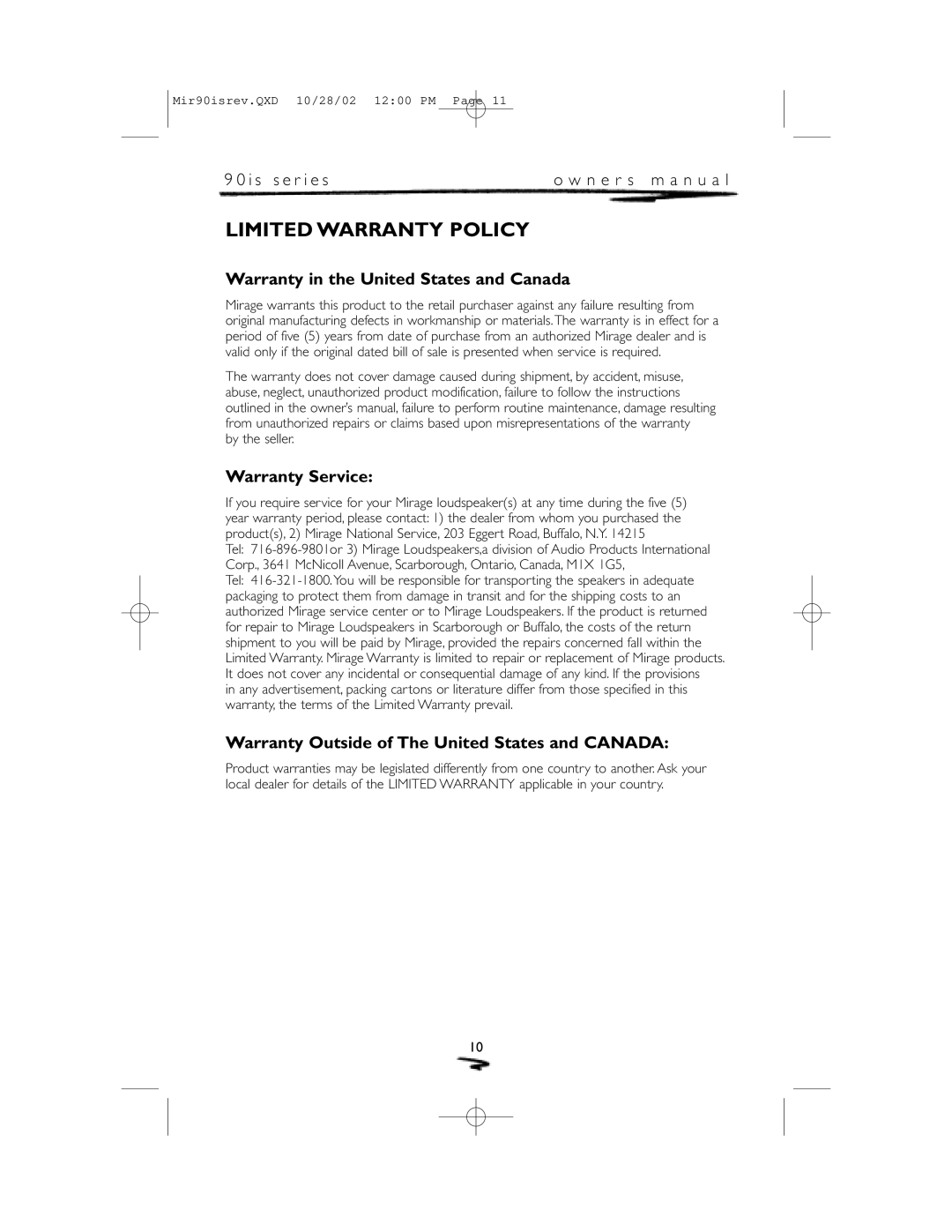 Mirage Loudspeakers 90 is owner manual Limited Warranty Policy, Warranty in the United States and Canada, Warranty Service 