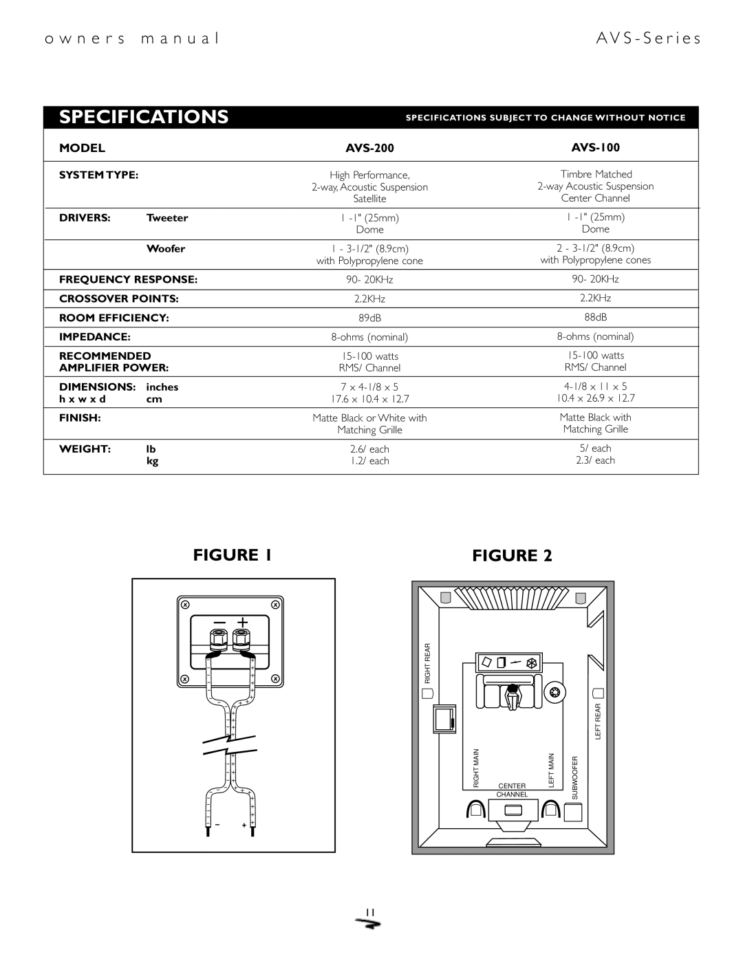 Mirage Loudspeakers AVS-100, AVS-500, AVS-200 owner manual Specifications 