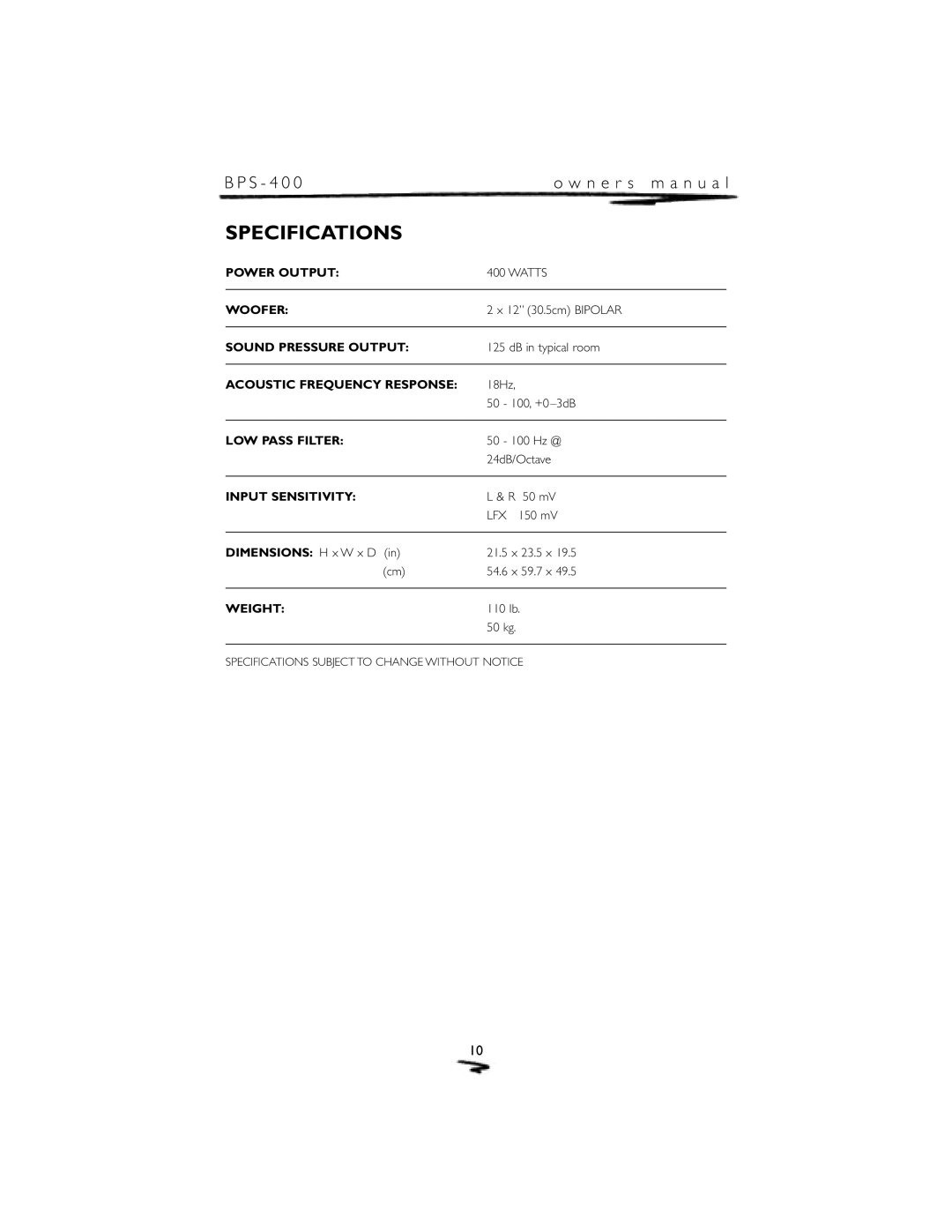 Mirage Loudspeakers BPS-400 owner manual Specifications 