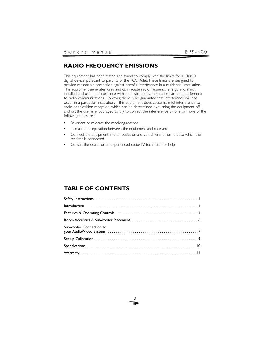 Mirage Loudspeakers BPS-400 owner manual Radio Frequency Emissions, Table of Contents 