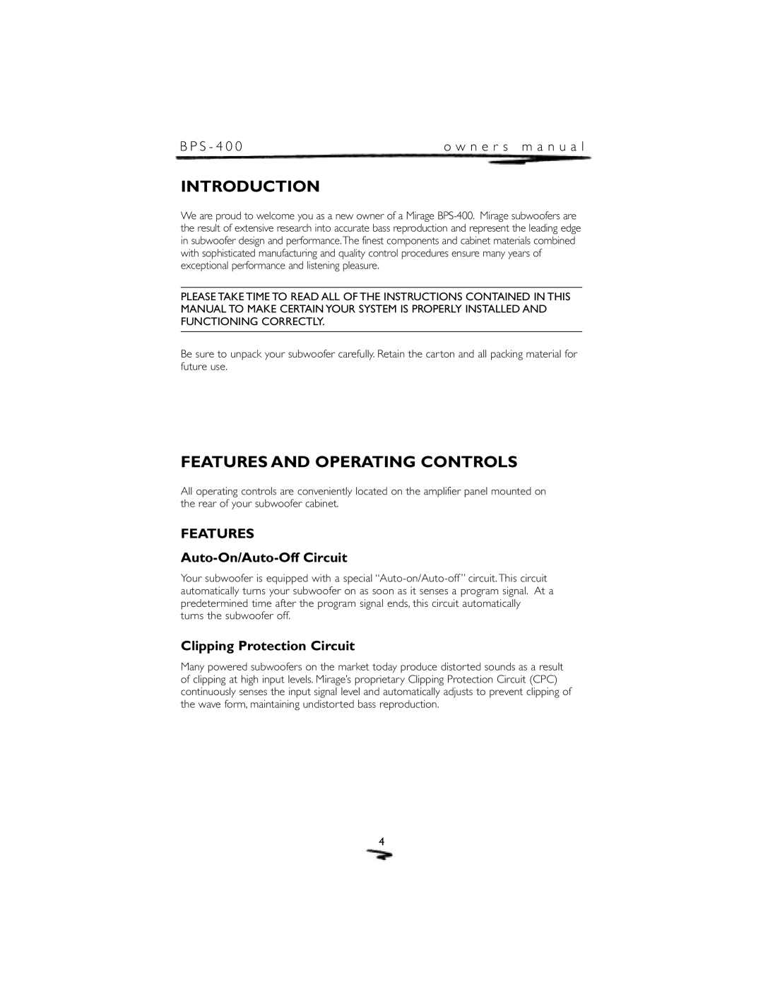 Mirage Loudspeakers BPS-400 owner manual Introduction, Features and Operating Controls, Auto-On/Auto-Off Circuit 