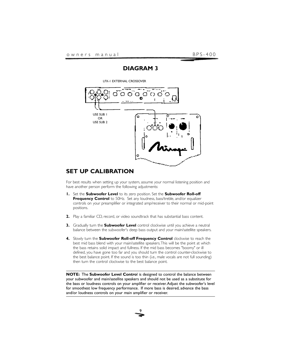 Mirage Loudspeakers BPS-400 owner manual Set Up Calibration, Diagram, o w n e r s m a n u a l 
