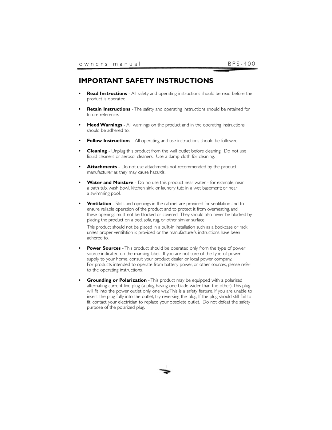 Mirage Loudspeakers BPS-400 owner manual Important Safety Instructions, o w n e r s m a n u a l 