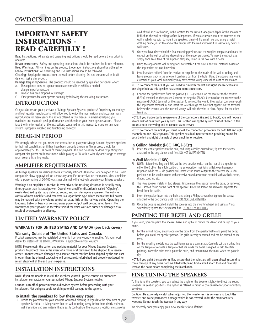 Mirage Loudspeakers i-SERIES owner manual Important Safety Instructions Read Carefully 