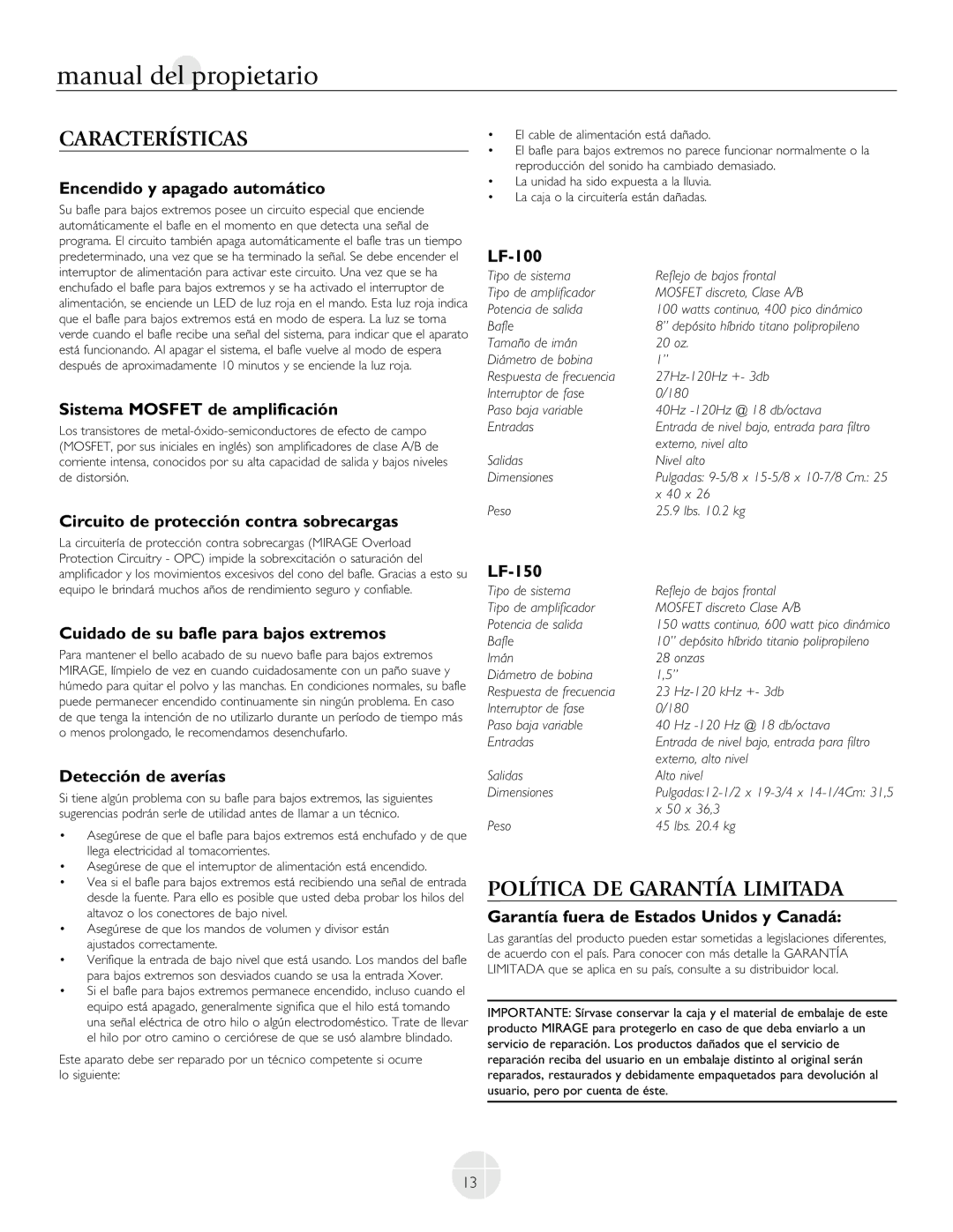 Mirage Loudspeakers LF-150, LF-100 owner manual Características, Política DE Garantía Limitada 