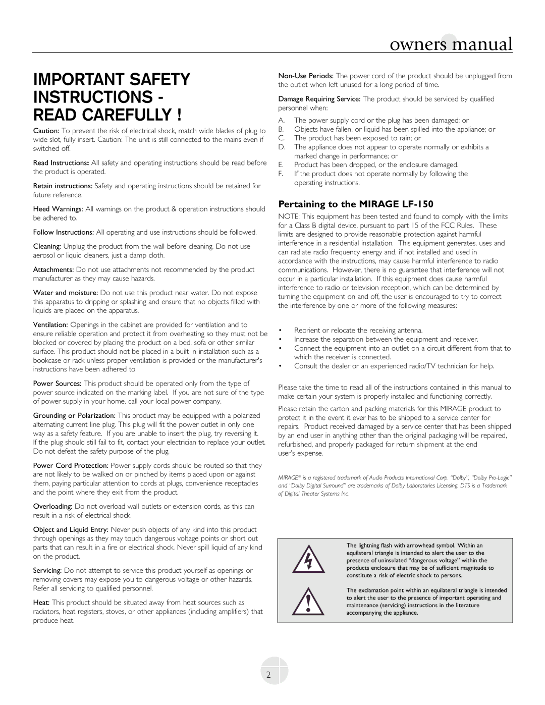 Mirage Loudspeakers LF-100 owner manual Important Safety Instructions Read Carefully, Pertaining to the Mirage LF-150 