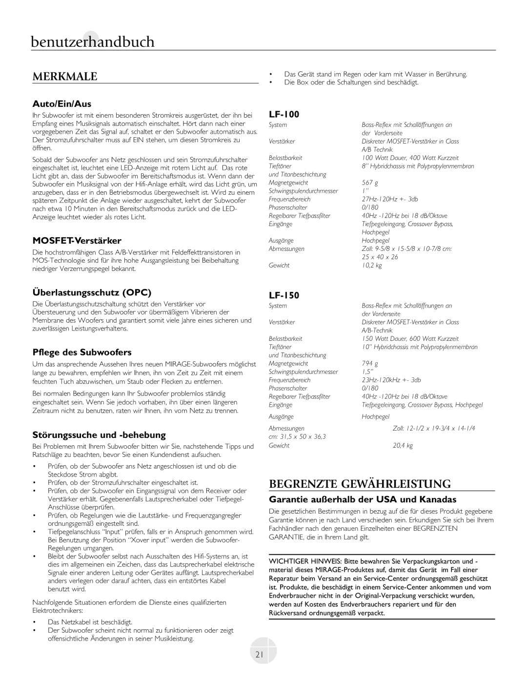 Mirage Loudspeakers LF-150, LF-100 owner manual Merkmale, Begrenzte Gewährleistung 