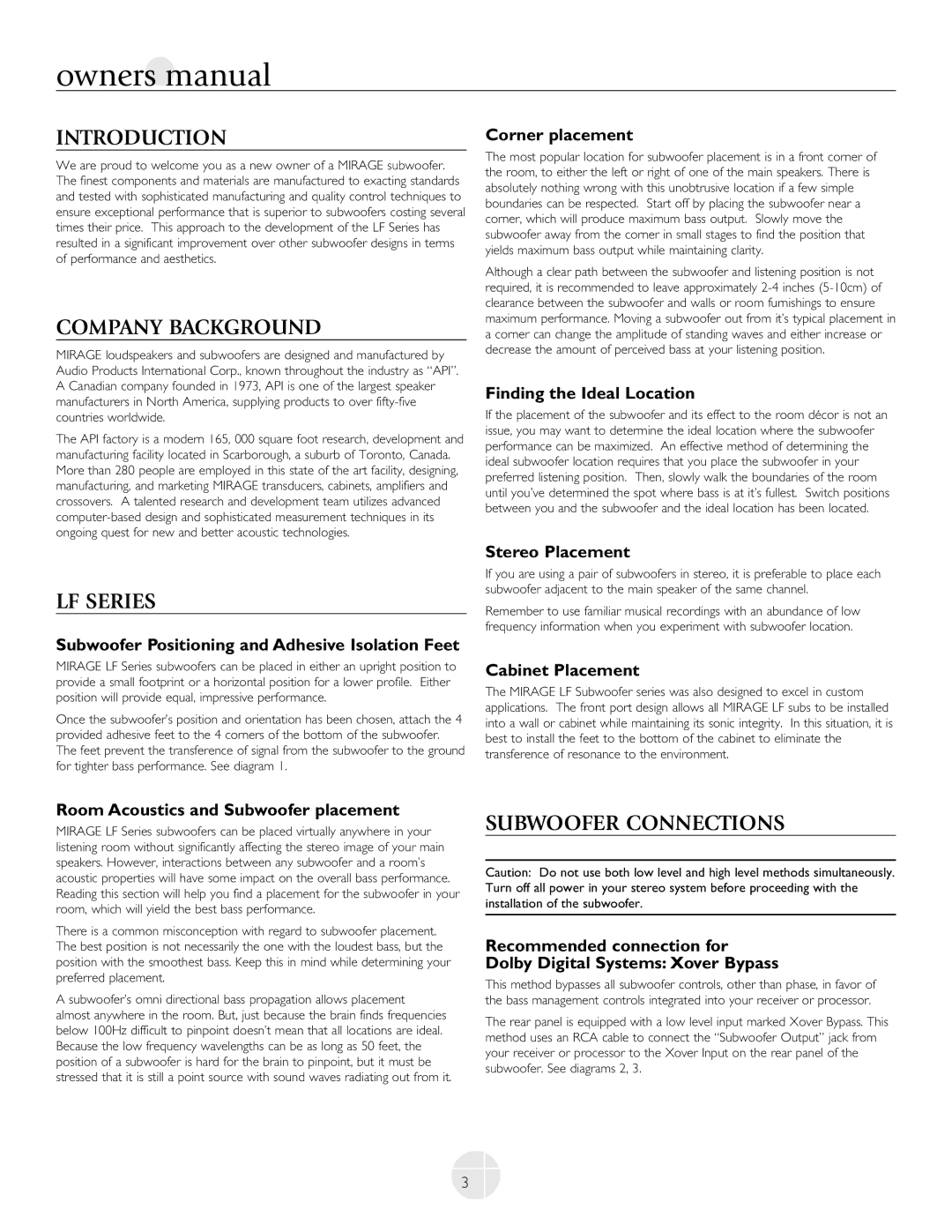 Mirage Loudspeakers LF-150, LF-100 owner manual Introduction, Company Background, LF Series, Subwoofer Connections 