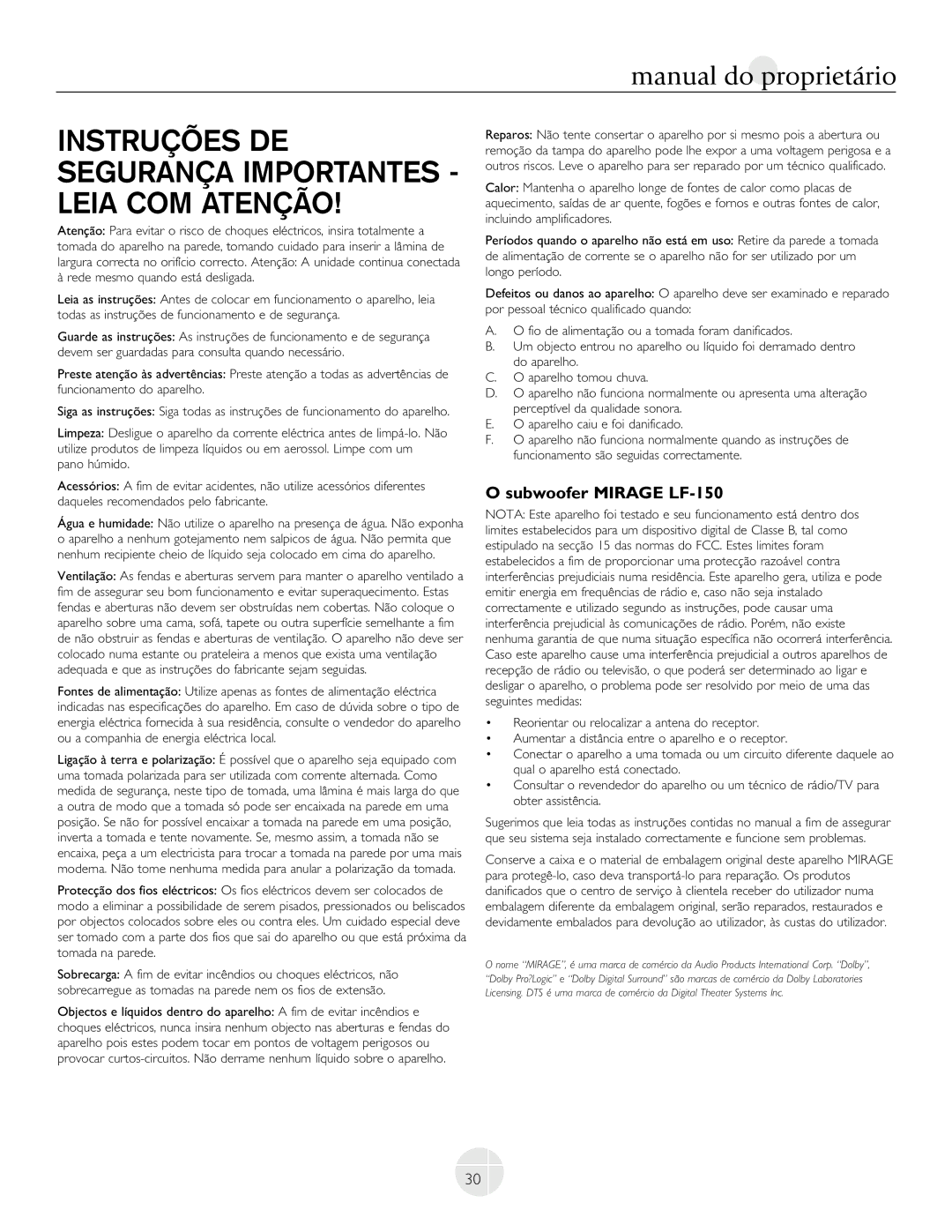 Mirage Loudspeakers LF-100 owner manual Instruções DE Segurança Importantes Leia COM Atenção, Subwoofer Mirage LF-150 